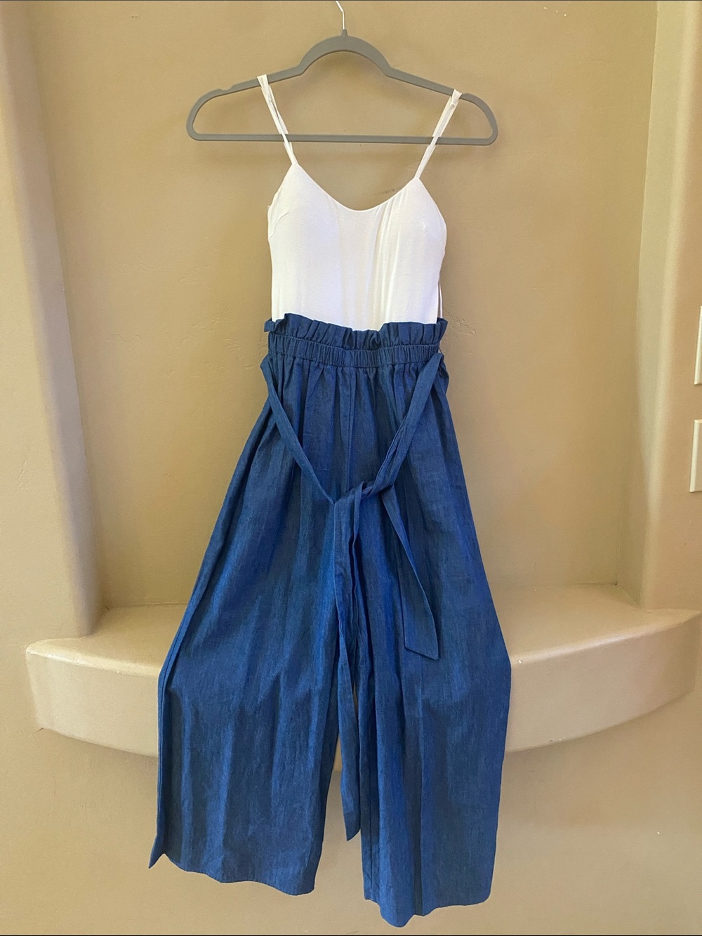 White Cami Top with Indigo Wide-Leg Jumpsuit